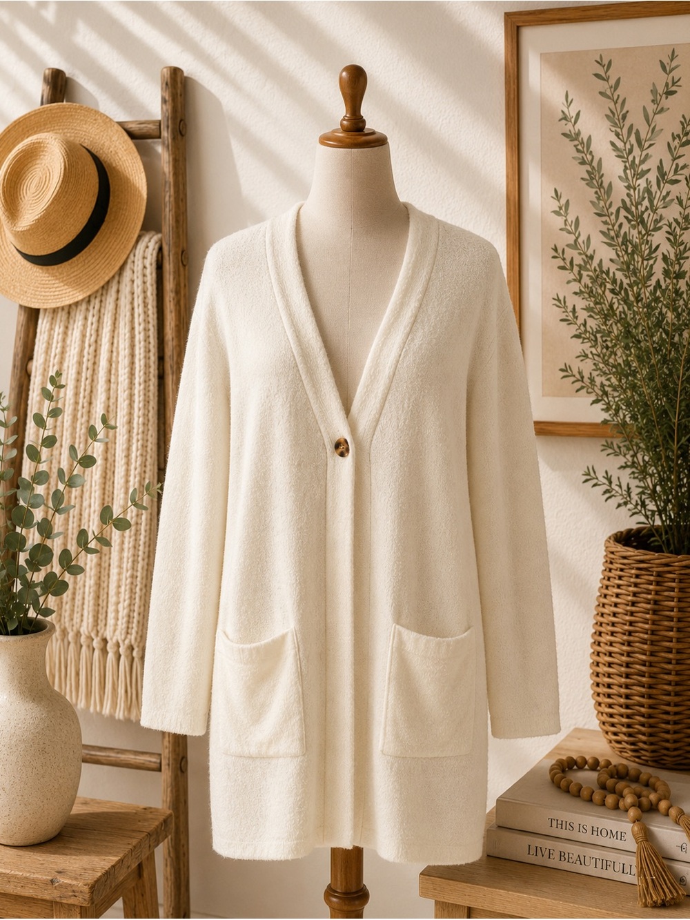 Natural Reflections Cozy Cardigan Sweater Size Medium Cream Long Open Front